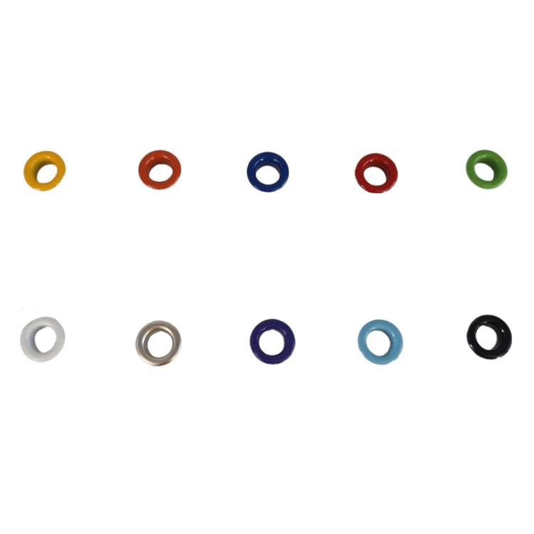 Assorted 5mm metal eyelets with colorful rings in orange, blue, red, green, black, white