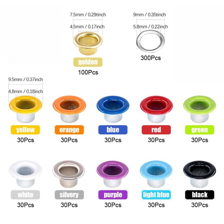 5mm metal eyelets color chart showing gold, silver, and colored ring sets