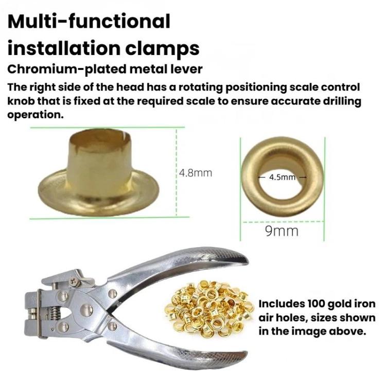 Chromium-plated metal eyelet installation clamp with scale markings and 4.8mm/9mm guide