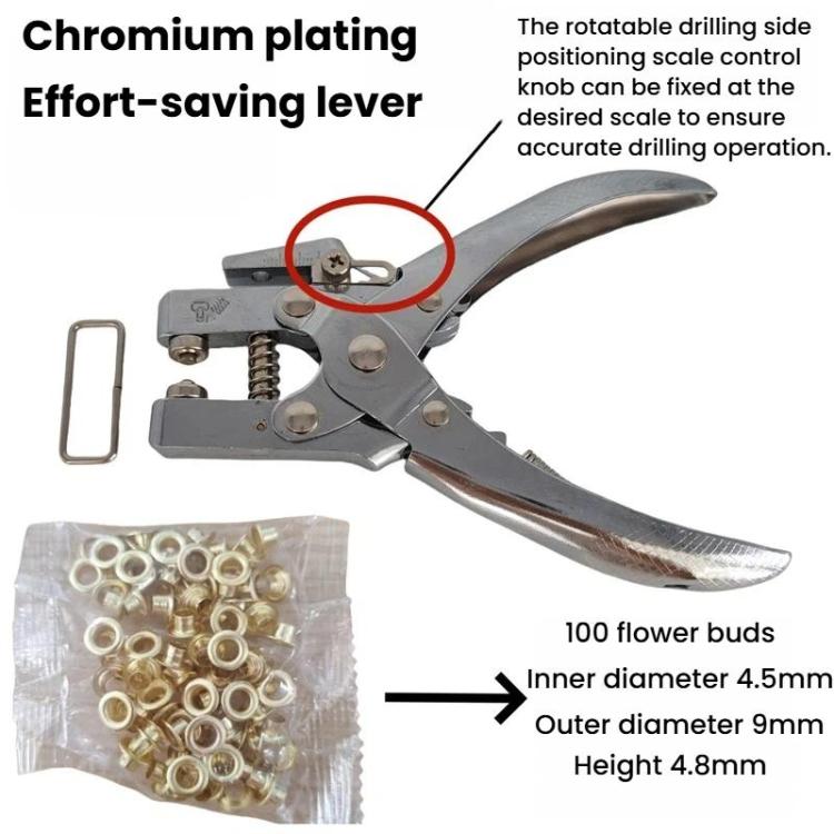 Rotatable metal eyelet setting clamp with lever showing 4.5mm inner and 9mm outer size
