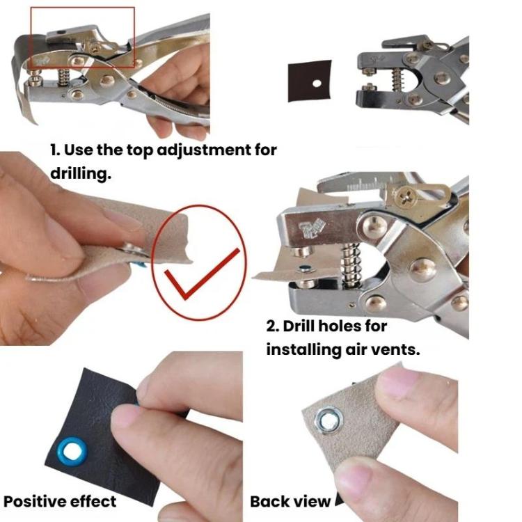 Metal eyelet installation tool used by hand to drill and set an eyelet into fabric