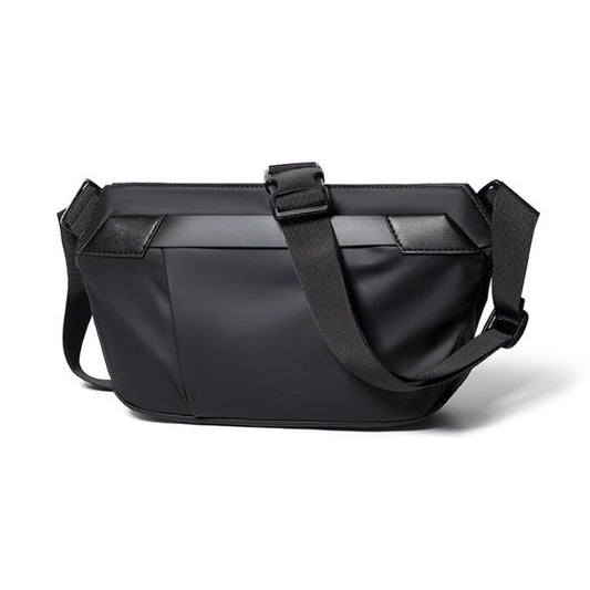 Black waterproof sling bag with adjustable crossbody strap and top buckle closure.