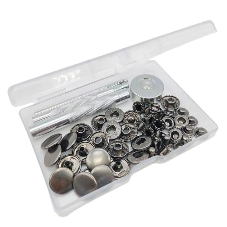 15mm metal snap fastener kit, silver-toned sets in open plastic organizer