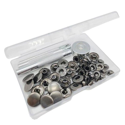 15mm metal snap fastener kit, silver-toned sets in open plastic organizer