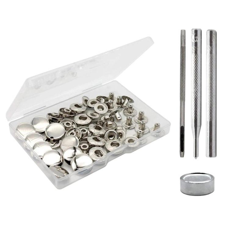 15mm metal snap fastener kit, silver-toned snaps with setting tools and caps