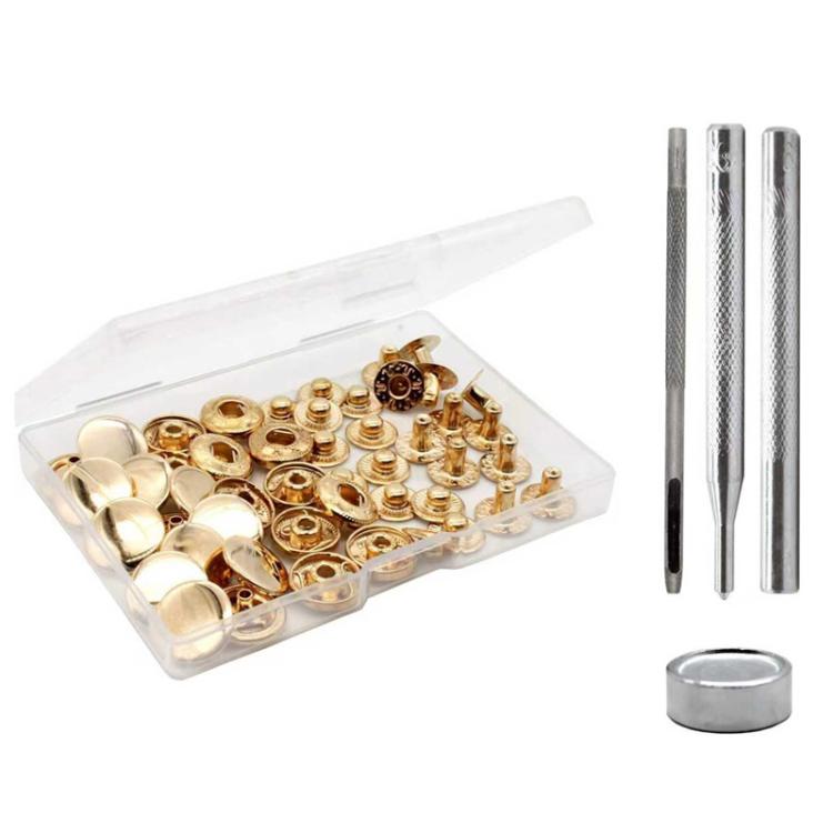 15mm metal snap fastener kit, gold-toned snaps with setting tools and caps
