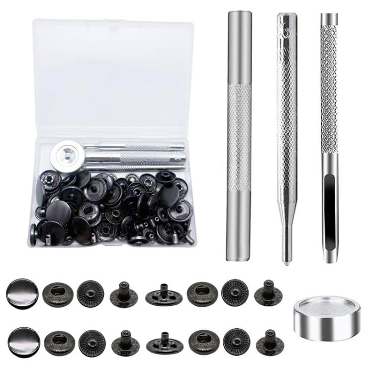 15mm metal snap fastener kit, black-toned snaps with silver setting tools and parts