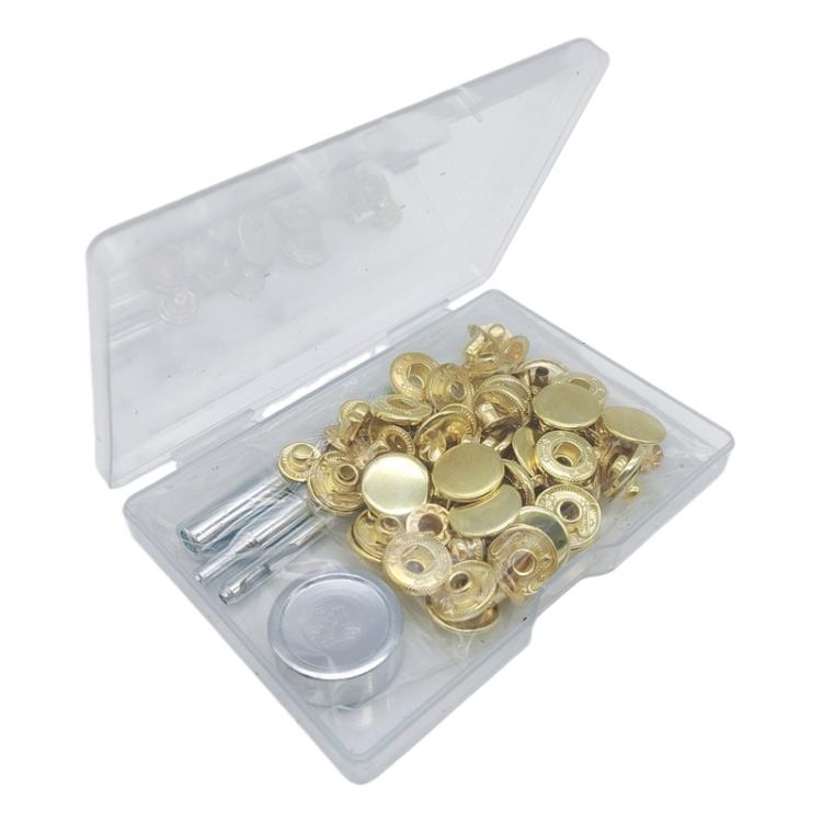 15mm metal snap fastener kit, gold-toned snaps and setting tool in organizer