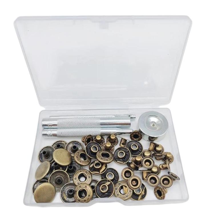 15mm metal snap fastener kit, mixed gold and dark snaps in open plastic organizer
