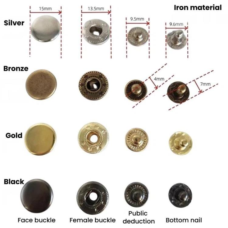 15mm metal snap fastener kit with silver, bronze, gold and black parts