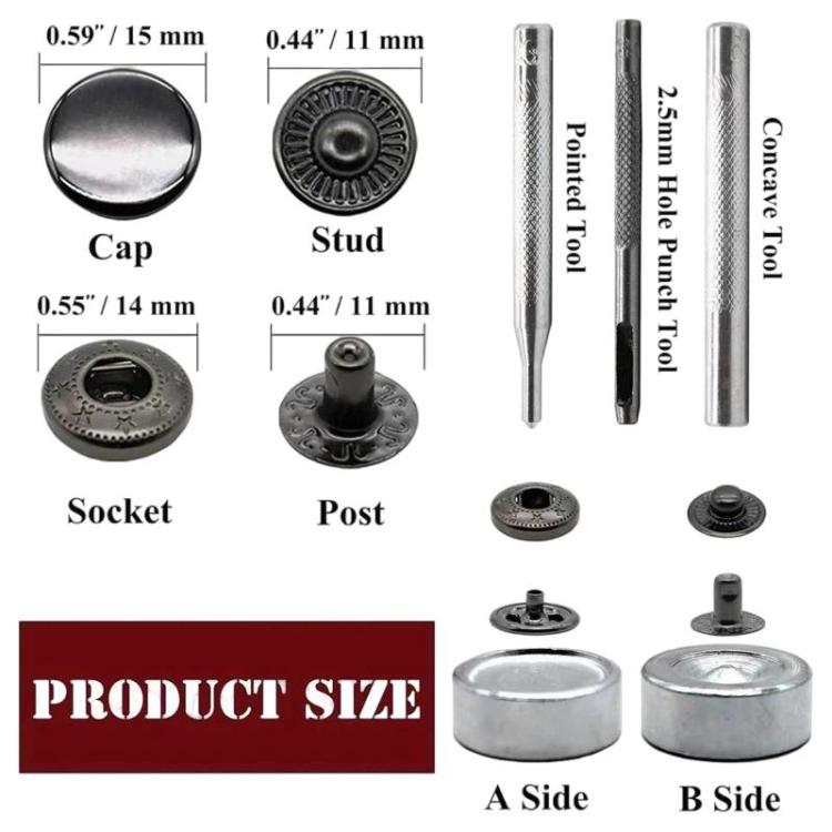 15mm metal snap fastener kit with cap, stud, socket and post pieces