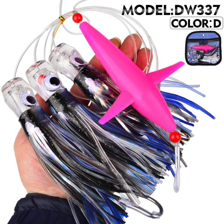 Saltwater trolling lure rig with pink spreader lure head and blue black silver skirt tentacles