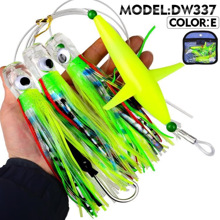 Saltwater trolling lure rig with bright green skirt tentacles and yellow spreader lure head
