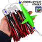 Saltwater trolling lure rig with red and black skirt tentacles and green spreader lure head