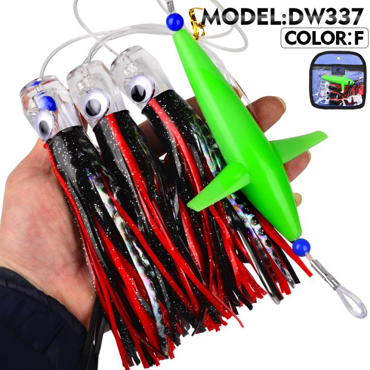 Saltwater trolling lure rig with red and black skirt tentacles and green spreader lure head