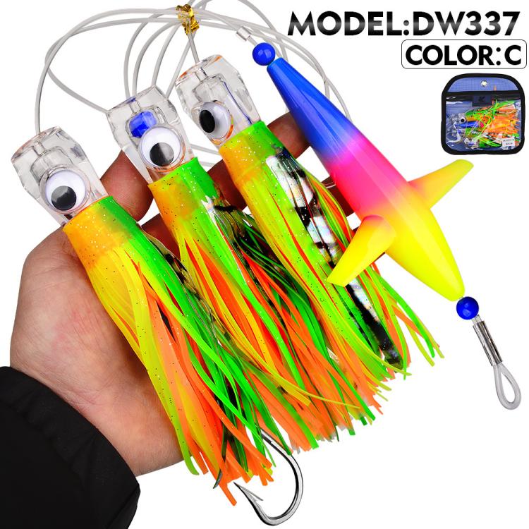 Saltwater trolling lure rig with green and orange skirt tentacles and blue spreader lure head