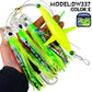 Saltwater trolling lure rig with bright green skirt, lime spreader, silver lead head and hooks