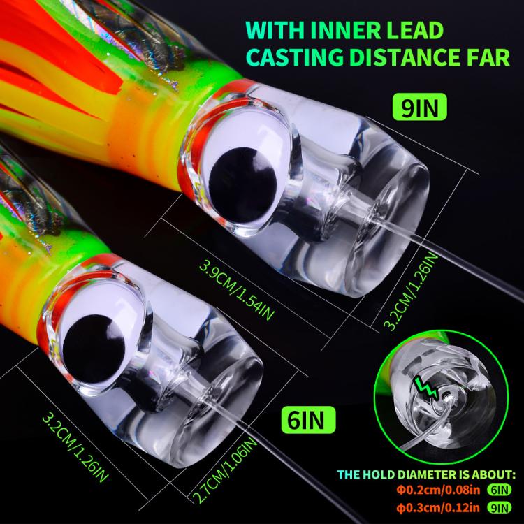 Saltwater lure rig close-up with inner lead, green-yellow body, silver lead head