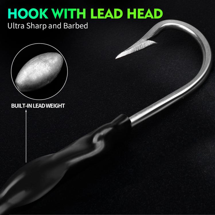 Weighted lead head hook with barbed point, silver hook and gray lead weight