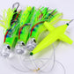 Saltwater trolling lure rig with neon green skirt, lime spreader, silver lead head hooks
