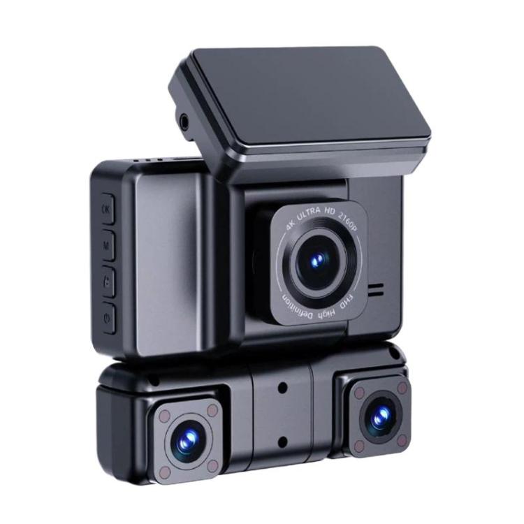 Triple-lens dash camera with stacked front, side modules and dark gray body