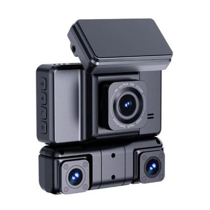 Triple-lens dash camera with stacked front, side modules and dark gray body