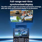 Dash camera with front display screen and dual lens blocks, dark gray housing