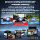 Dash camera with screen and lens blocks plus loop-recording film strip graphic