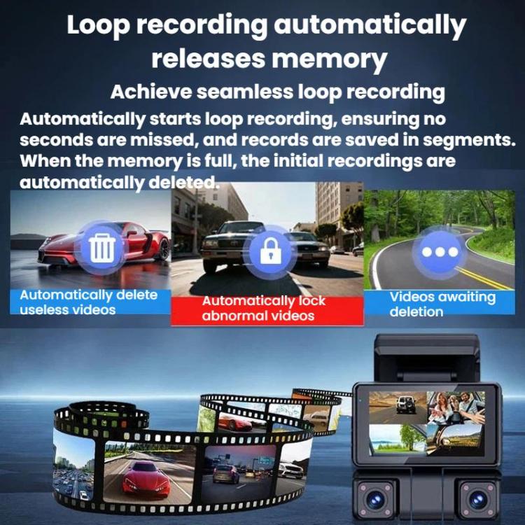 Dash camera with screen and lens blocks plus loop-recording film strip graphic