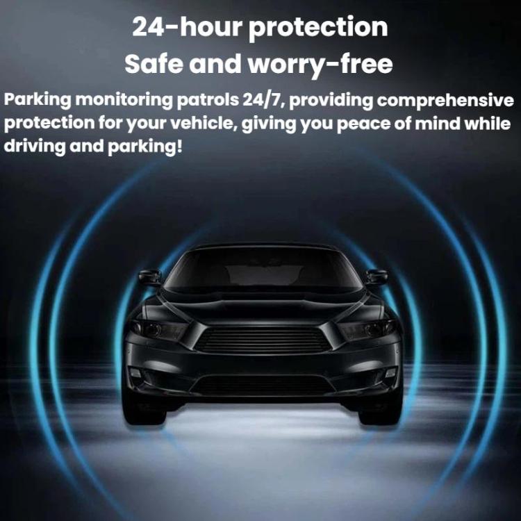 24-hour parking monitoring graphic with front car view and blue protection rings