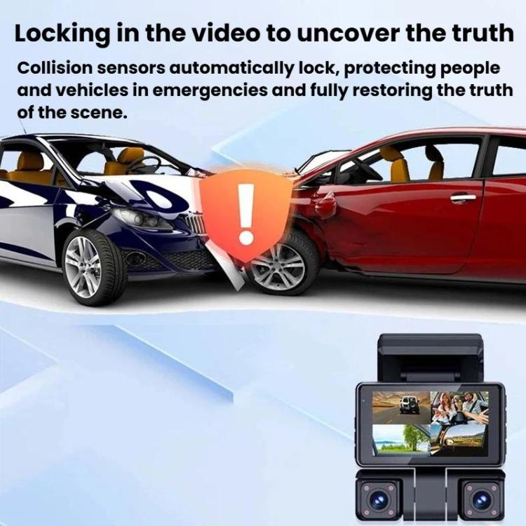 Dash camera collision lock graphic with two cars and warning icon plus device screen