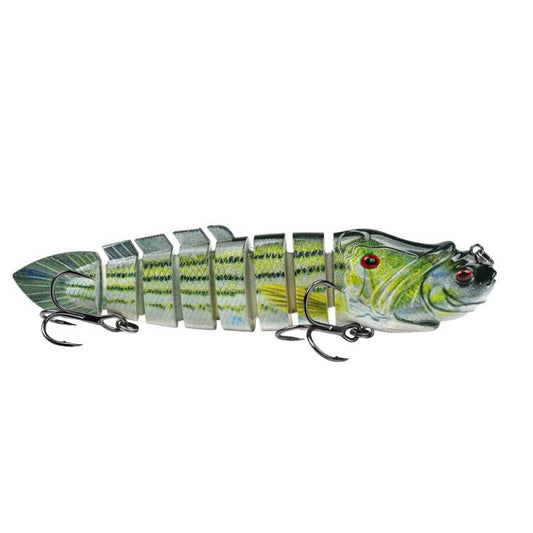 Multi-jointed hard bait swimbait fishing lure, green striped body with 3D red eyes