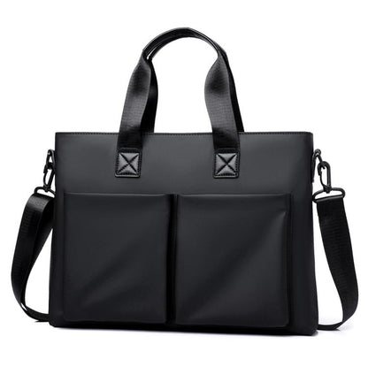 Men's waterproof laptop messenger bag in black with front zip pockets and shoulder straps
