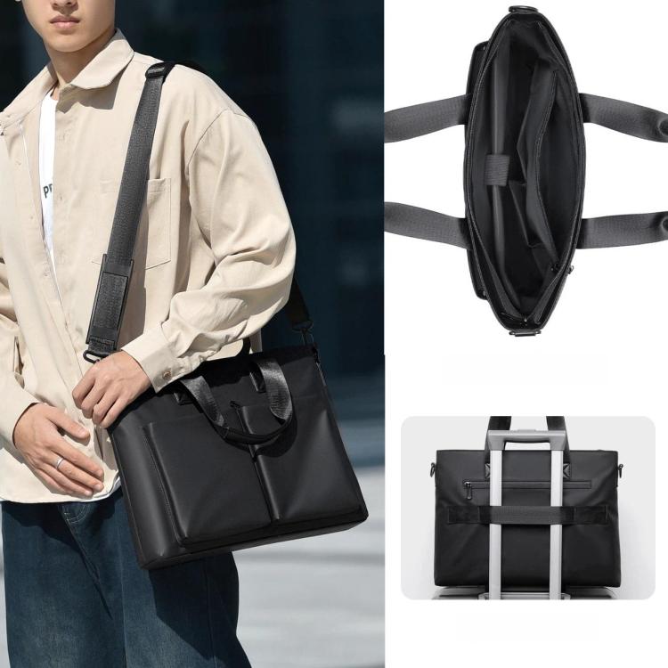 Men's waterproof laptop messenger bag in black with shoulder strap and luggage strap sleeve