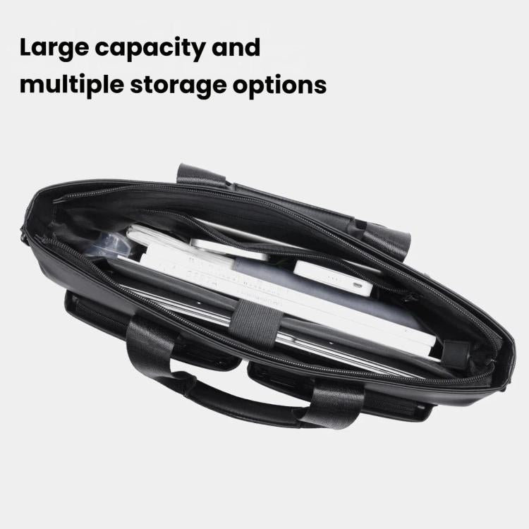 Men's waterproof laptop messenger bag open interior with multiple compartments and zip sections