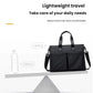 Men's waterproof laptop messenger bag in black with top handles and adjustable crossbody strap
