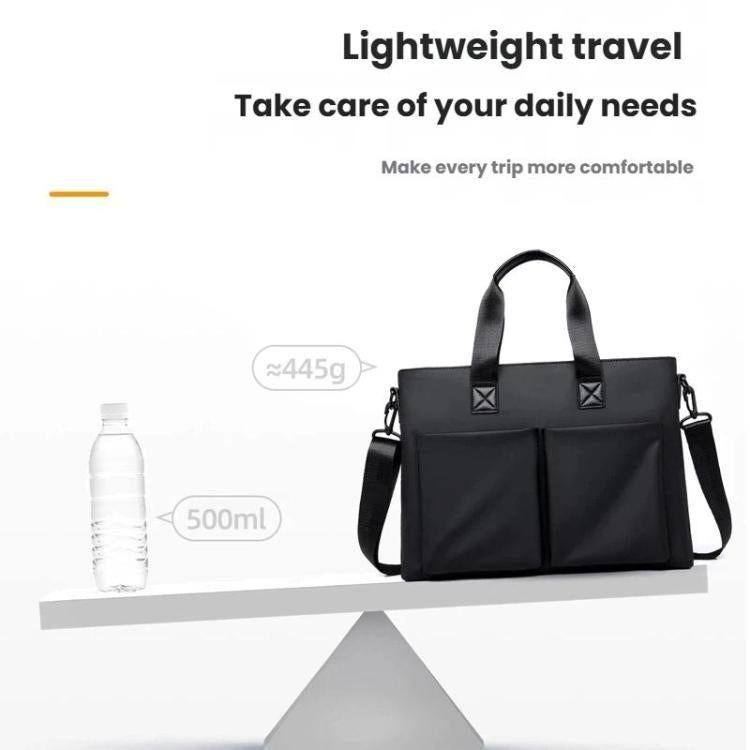Men's waterproof laptop messenger bag in black with top handles and adjustable crossbody strap