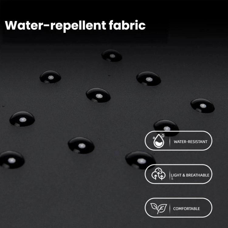Water-repellent fabric close-up with water droplets on dark material