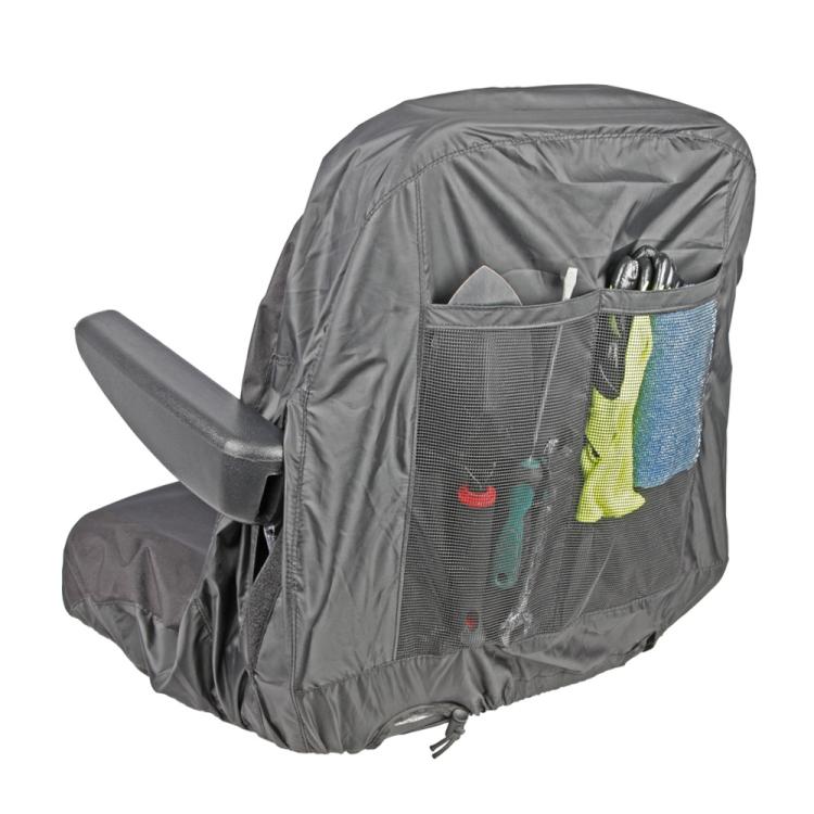 Dark gray seat cover with front zip pocket and mesh storage panel