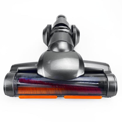 Motorized vacuum floor brush attachment with dual rollers, dark gray and red bristles