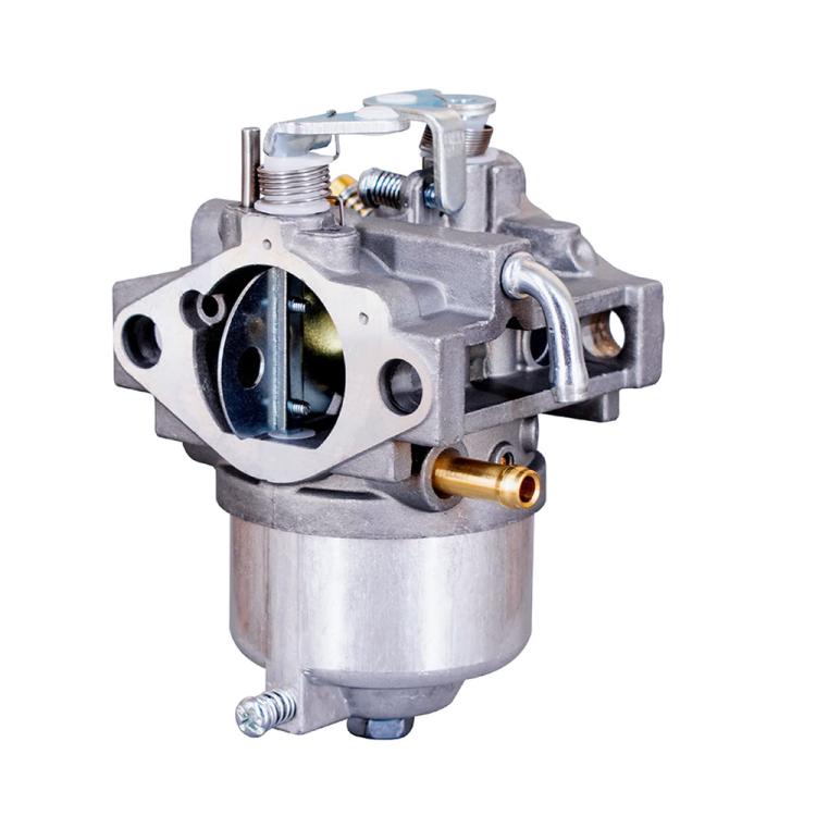 Lawn mower carburetor with air intake and fuel fitting, engine-side view
