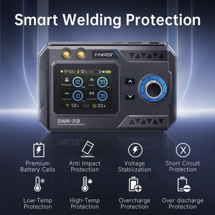 Handheld welding control unit with LCD display and large blue rotary knob on front