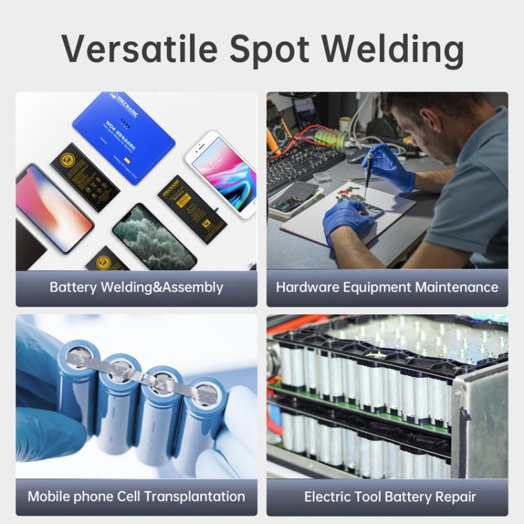 Spot welding use cases collage with battery packs, cells, and repair tools