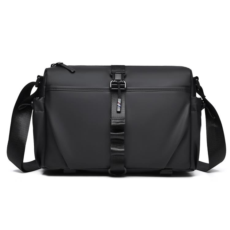 Men's black sling bag with magnetic front buckle and adjustable shoulder strap