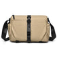 Men's khaki sling bag with magnetic front buckle and adjustable shoulder strap