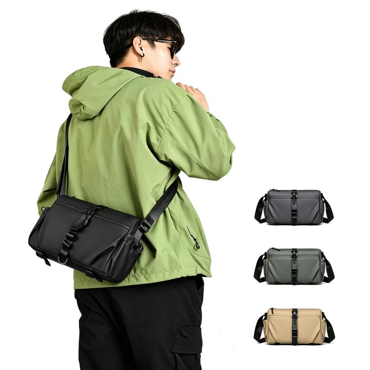 Men's sling bag shown in black, gray, and khaki on a model