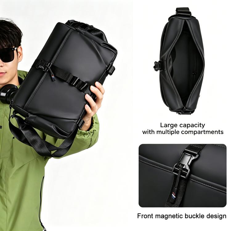 Men's black sling bag with front magnetic buckle and multiple carrying straps