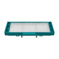 Teal vacuum HEPA filter frame with one long white pleated filter