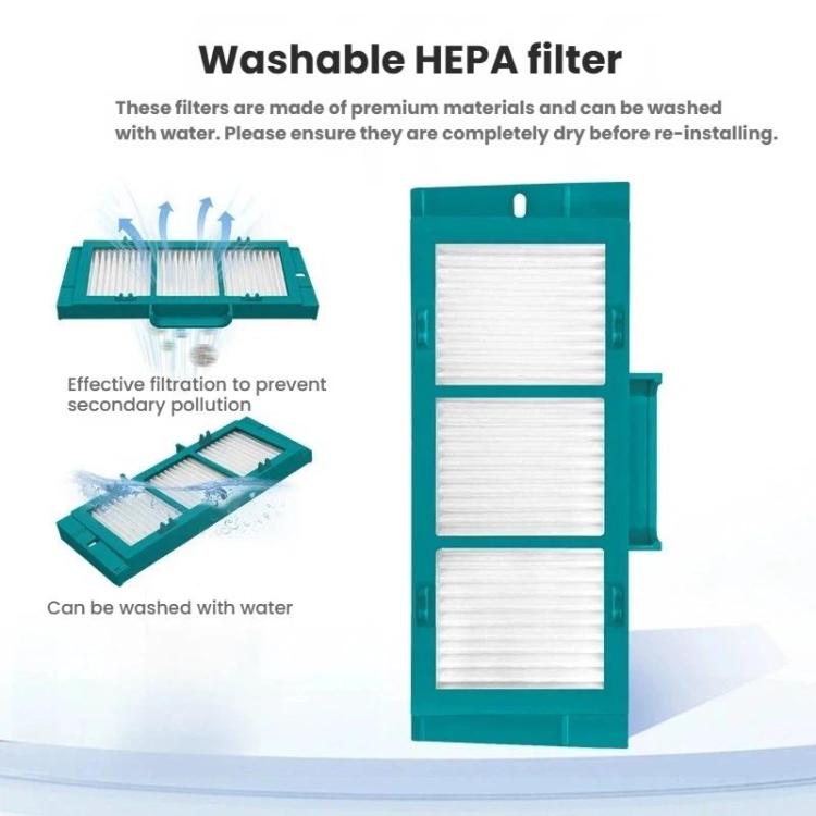 Vacuum HEPA filter replacement set showing stacked teal frames and white pleated panels