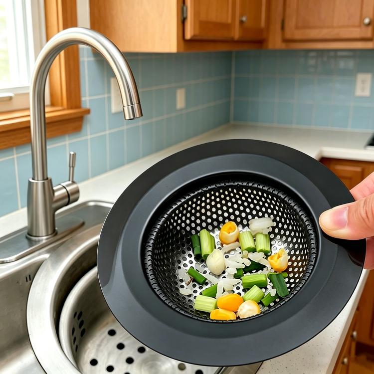 Black sink strainer with wide rim and perforated stainless mesh basket